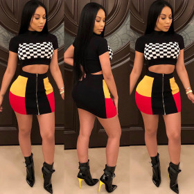 Clubwear Plaid Crop Top Color Patchwork Zipper Short Skirt KA7023