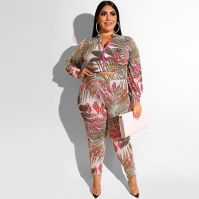 Printed zipper long sleeve tight fashion casual suit 19331