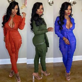 Fashionable Bandage Cargo Style Zipper Pure Color Jumpsuit BN9214
