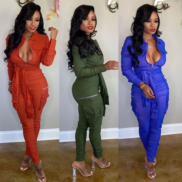 Fashionable Bandage Cargo Style Zipper Pure Color Jumpsuit BN9214