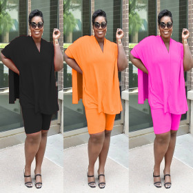 Fashion Casual Solid Color Large Size V-neck Bat Sleeve Split Top Shorts Two Piece Set MR2047