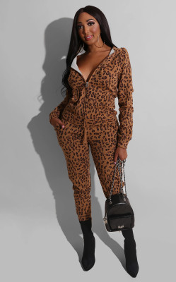 Stylish Leopard Printing Two Pieces Thicken Hooded Tracksuits BS1154