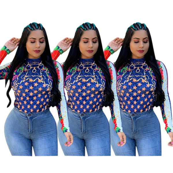 Wholesale Price Long Sleeve Mature Women Printed T Shirt ZH5137