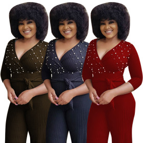 Newest Stripe Straight Trousers Beaded Deep V Collar Jumpsuit F8135