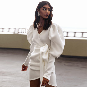 Solid color V-neck wrapped chest puff sleeve bow tie slim jacket C8841J
