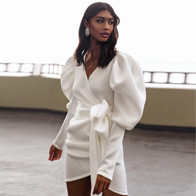 Solid color V-neck wrapped chest puff sleeve bow tie slim jacket C8841J