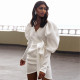 Solid color V-neck wrapped chest puff sleeve bow tie slim jacket C8841J