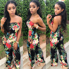 Wholesale Price Floral Print Strapless Wide Leg Jumpsuit SMD631