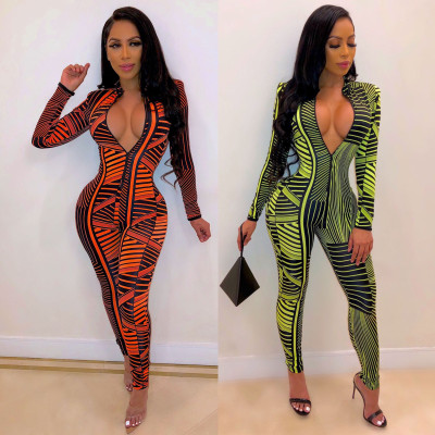 Long Sleeves Ladies Printing Bodycon Jumpsuit With Zipper CY1170
