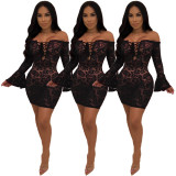 Sexy Lace Off Shoulder Flare Sleeve Bodycon Dress SDD9047