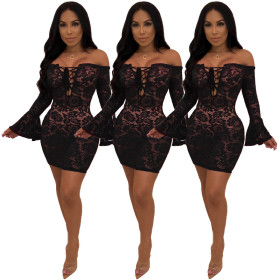 Sexy Lace Off Shoulder Flare Sleeve Bodycon Dress SDD9047
