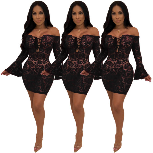 Sexy Lace Off Shoulder Flare Sleeve Bodycon Dress SDD9047