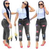 Vintage Fashion Embroidered Mid Waist Ripped Women Jeans LA3155