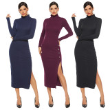 Solid color side slit sexy long sleeve stretch slim knit dress YD8001