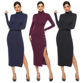 Solid color side slit sexy long sleeve stretch slim knit dress YD8001
