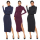 Solid color side slit sexy long sleeve stretch slim knit dress YD8001