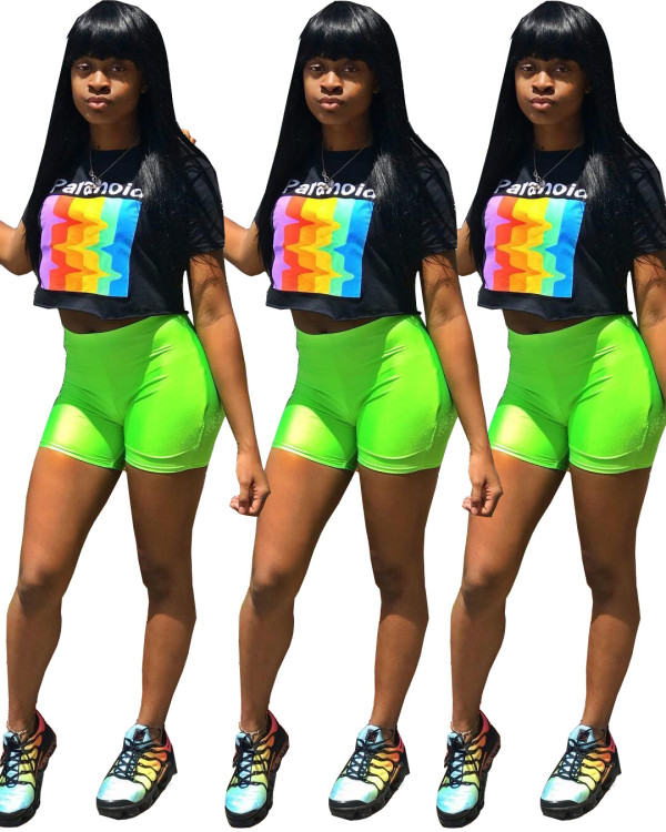 Newest Leisure Outfits Printing Crop Top Solid Shorts LY5053