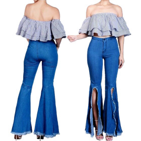 Fashionable wild wide leg pants with split slit denim stretch flared pants HSF2221