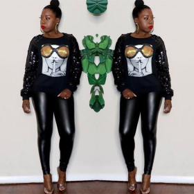 Women Oversize Figure Printed Sequin Sleeve Casual Hoodie LS8022