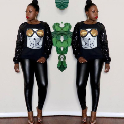 Women Oversize Figure Printed Sequin Sleeve Casual Hoodie LS8022