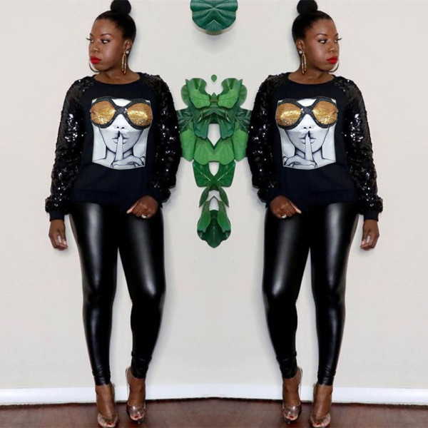 Women Oversize Figure Printed Sequin Sleeve Casual Hoodie LS8022