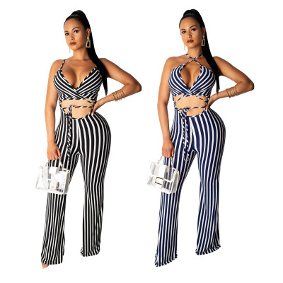 Fashion Bandage Sexy Stripe Wide Leg Jumpsuit BS1078
