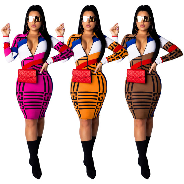 Slim Bodycon Zip Up Long Sleeves Midi Dress SDD9101