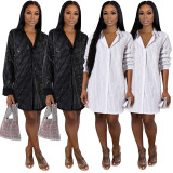 Casual Rhinestone Stripe Turn Down Collar Women Shirt Dress GL6231