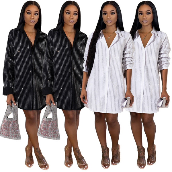 Casual Rhinestone Stripe Turn Down Collar Women Shirt Dress GL6231