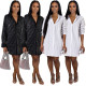 Casual Rhinestone Stripe Turn Down Collar Women Shirt Dress GL6231