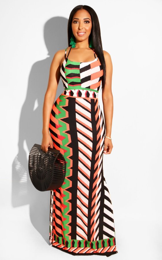 Latest Geometric Print Condole Belt Long Dress D8261