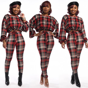 Casual Oversize Two-Piece Checks Ladies Pants Set For Daily Wear ED8163