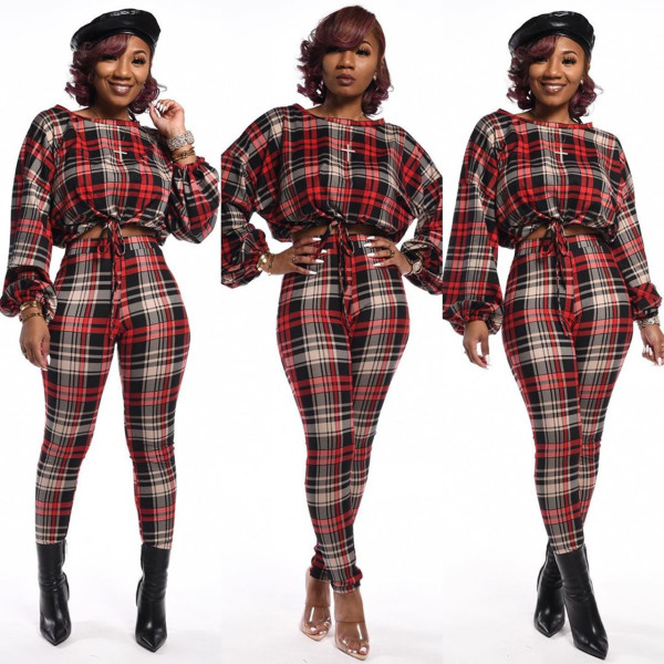 Casual Oversize Two-Piece Checks Ladies Pants Set For Daily Wear ED8163
