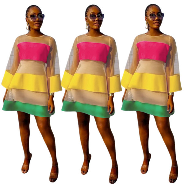 Elegant Summer Long Sleeves Color Patchwork Midi Dress YYZ725