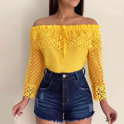 Yellow Mature Women Lace Splicing Flat Shoulder Trendy Top QB015