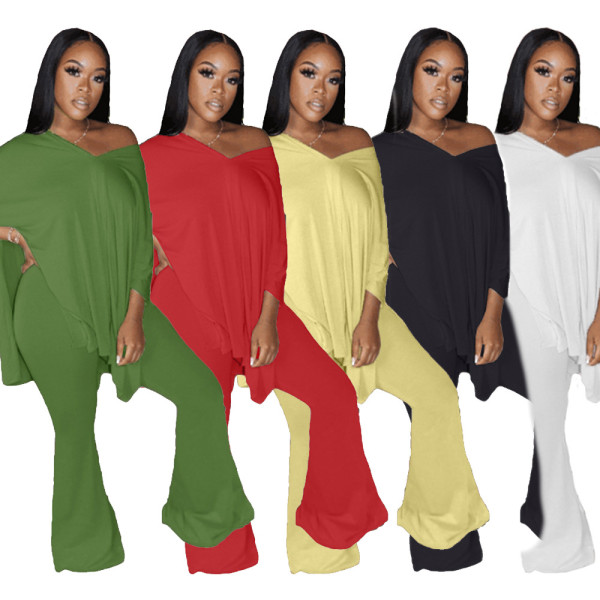 Solid color slit v-neck bat sleeve flared pants two-piece suit LML155