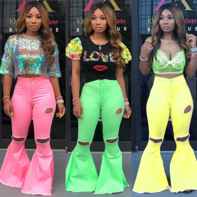 HOT-HOT Women Hole Pink Jeans Flares Pants For Daily Wear HG5268