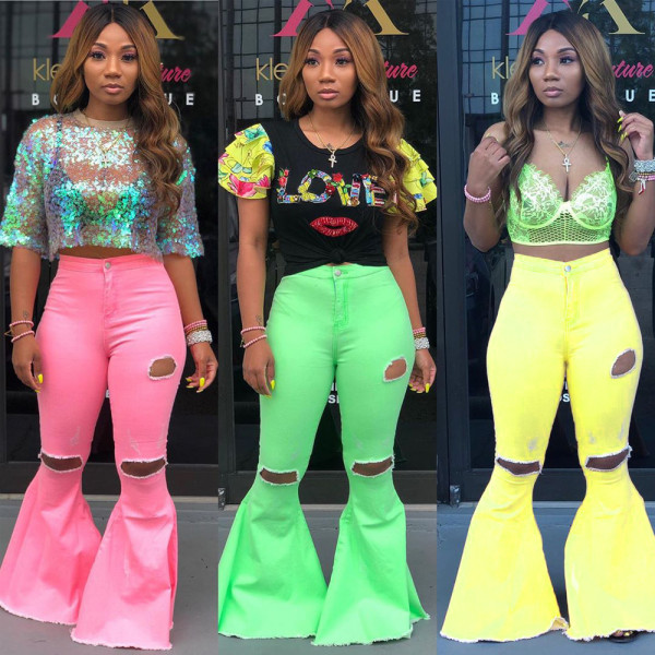 HOT-HOT Women Hole Pink Jeans Flares Pants For Daily Wear HG5268