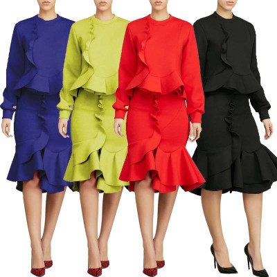 Leissure Solid Ruffle Shirts+Midi Skirts Sets L0238