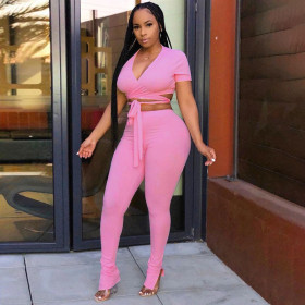 Short-sleeved V-neck T-shirt high waist trousers zipper trousers casual suit FF1002