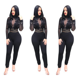 Black Mesh Sexy Lace Up Jumpsuits W8139
