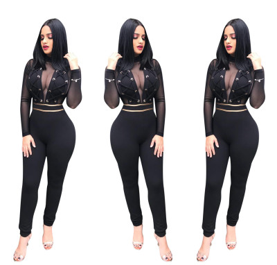 Black Mesh Sexy Lace Up Jumpsuits W8139