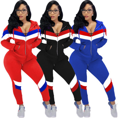 Stripe Patchwork Stylish Tracksuits Zipper Hoodie Skinny Pants AL069