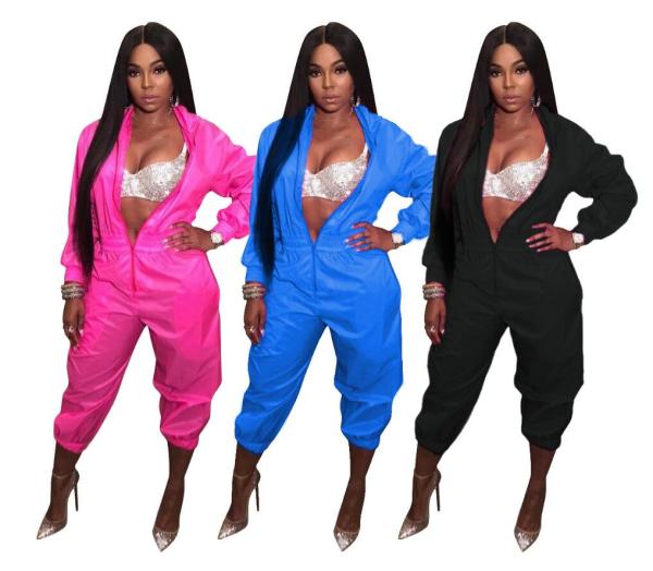 Solid Elastic Waistband Jumpsuit With Zipper SDD9058