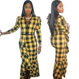 Trendy Female Irregular Long Sleeves Plaid Dress For Sale OEP6051
