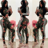 Floral Print Women Suits Hooded Crop Top Tight Pants OMY5048