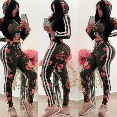 Floral Print Women Suits Hooded Crop Top Tight Pants OMY5048