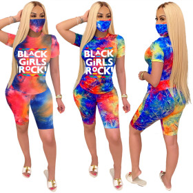 Casual Coloring Letter Printed Round Neck Short Sleeves And Shorts Two-Pieces Sets Without Mask LM81