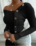 Autumn Knitting Stitching Button One Shoulder Long Sleeves Mini Top ST20209