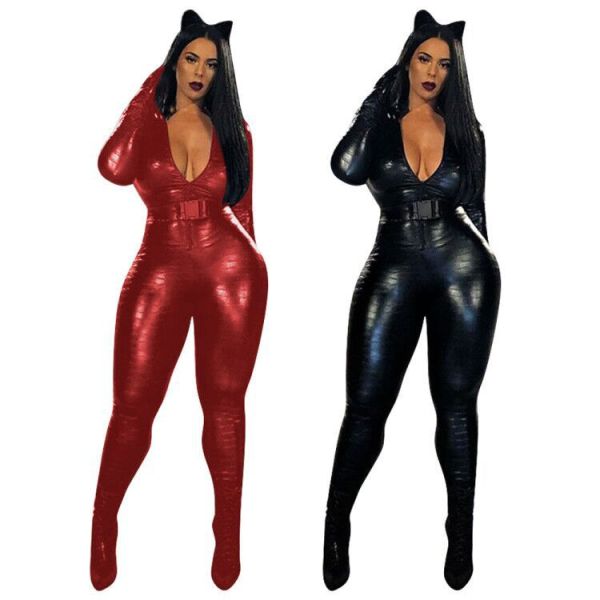 Black/Red Euramerican Autumn Pu Leather Skinny Jumpsuit F8246